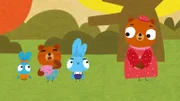 Im herbstlich bunten Wald treffen Bop (2.v.re.) und Boo (li.) ihren Bären Freund Barry (2.v.li.), der Blätter für sein Traumkissen sammeln möchte. Das braucht er nämlich für seinen Winterschlaf.