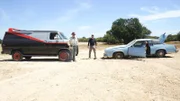 Hosts Adam Savage and Jamie Hyneman with the a replica A-Team van and test car at Lone Quarry.