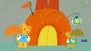 An einem verregneten Tag in der Prärie lernen Bop (li.) und Boo (re.) den kleinen Frosch Arnold kennen, der ihnen zeigt, dass man sich auch im Regen supertoll vergnügen kann!