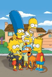 L-R: Snowball, Lisa, Marge, Santa's Little Helper, Maggie, Homer, Bart