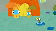 An einem verregneten Tag in der Prärie lernen Bop (li.) und Boo (mi.) den kleinen Frosch Arnold (re.) kennen, der ihnen zeigt, dass man sich auch im Regen supertoll vergnügen kann! Und unsere Brave Bunnies sind so begeistert, dass sie sogar die "Regenmusik" erfinden!