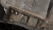 Draufsicht auf eine Auswahl von Grabbeigaben, die neben dem Sarkophag von Saqqara mit dem zerbrochenen Siegel gefunden wurden. Zu sehen sind zwei Kanopengläser mit den Organen des Verstorbenen und die Überreste von zwei "Shabti"-Kästen, die Hunderte von blauen Statuetten enthielten, die dem Verstorbenen als Diener im Jenseits dienten.