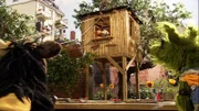 Pferd und Wolle bauen gerade ein Baumhaus, als Finchen ein großes Paket in die Möhre bringt.