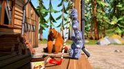 Was zum...? Grizzy muss mit ansehen, wie die Lemminge seine geliebte Schokoladencreme durch die Gegend schießen.