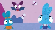 Beim Sternengucken lernen Boo (li.) und Bop (re.)  die kleine Fledermaus Batty (mi.) kennen. Sie haben zuvor noch nie eine Fledermaus getroffen und möchten mit ihr das "Zeigespiel" spielen, wobei jeder dem anderen etwas zeigt, was er bisher noch nicht kennt!