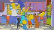 (im Uhrzeigersinn) Homer; Marge; Maggie; Lisa; Knecht Ruprecht; Bart