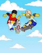 Um Bart nachhaltig zu beeindrucken, lässt sich Homer (r.) auf ein Skateboard-Rennen mit Tony Hawk (l.) ein ...