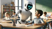 Ein Schüler mit einem Lernroboter.