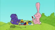 Hase und Elefant machen ein Picknick.
