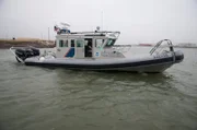 Brownsville, TX, USA: Close-up on the U.S. Customs and Border Protection boat in the harbor.