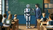 Ein Lehrer steht im Mathematikunterricht mit einem Lernroboter vor der Tafel im Klassenzimmer.