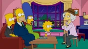Homer (2.v.r.), der beim Pokern 5.000 Dollar an Broadway-Legende Laney Fontaine (r.) verloren hat, versucht sie gemeinsam mit Lisa (2.v.l.), Marge (M.) und Bart (l.) von seiner Armut zu überzeugen, damit sie ihm das Geld nicht abknöpft. Doch wird er Erfolg haben?