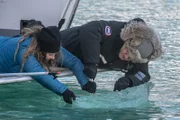 Alaska - (L to R) Michelle Costello and Gordon Ramsay harvest a free-floating iceberg for cocktail ice cubes.