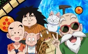 L-R: Krillin, Yajirobe, Mr. Pig, Karin, Turtle Hermit, Roshi