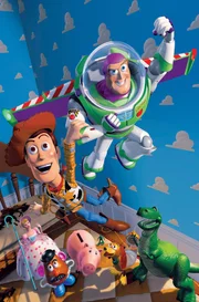 Im Kinderzimmer ist was los: Cowboy Woody (oben l.) und Buzz Lightyear (oben r.) mit ihren Freunden (unten von links) Porzellinchen, Charlie Naseweis, Specky, Slinky Dog und Saurier Rex.