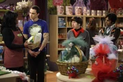 Als Sheldon (Jim Parsons, 2.v.l.) erfährt, dass Penny für ihn ein Weihnachtsgeschenk hat, möchte er sich erkenntlich zeigen und sich etwas Geeignetes für sie überlegen. Da er sich nicht entscheiden kann, kauft er gemeinsam mit Rajesh (Kunal Nayyar, r.) und Howard (Simon Helberg, 2.v.r.) gleich mehrere Geschenke, um dann spontan zu entscheiden, welches angemessen ist ...