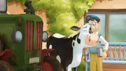 Lieselotte und der Postbote freuen sich auf den gemeinsamen Tag auf dem Bauernhof.