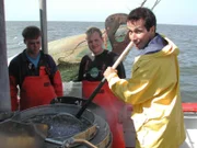 Willi Weitzel auf einem Krabbenkutter in der Nordsee.  Hier werden die Krabben direkt nach dem Fang gekocht, um sie haltbarer zu machen.
