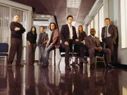 L-R, Judd Hirsch, Navi Rawat, Peter MacNicol, David Krumholtz, Rob Morrow, Diane Farr, Alimi Ballard, Dylan Bruno of the CBS series NUMB3RS. Photo: Monty Brinton/CBS ©2006 CBS Broadcasting Inc. All Rights Reserved copyright: