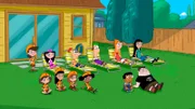 Second left top: Isabella Garcia-Shapiro, Third left top: Phineas Flynn, fourth left top: Ferb Fletcher, fifth left top: Candace Flynn, first on right bottom:  Buford Van Stomm, second on right bottom:  Baljeet Tjinder