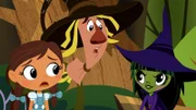 L-R: Dorothy Gale (voiced by Kari Wahlgren), The Scarecrow (voiced by Bill Fagerbakke), Wilhelmina (voiced by Jessica DiCicco)