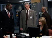 Pictured: (l-r) Courtney B. Vance as District Attorney Ron Carver, Jamey Sheridan as Captain James Deakins, Kathryn Erbe as Det. Alexandra Eames