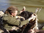 MARS HILL, N.C.- Thorn sitting in the coracle he built.