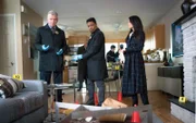 Watson (Lucy Liu, r.), Gregson (Aidan Quinn, l.) und Bell (Jon Michael Hill, M.) sind schockiert, als sie den Tatort sehen, der sich ihnen im Haus eines Privatermittlers bietet ...