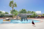 Dem Elefanten gelingt es mit Hilfe eines Zaubertricks, übers Wasser zu gehen sehr zur Verwunderung der anderen Tiere am Pool.