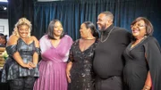 Smiling Anderson family at reveal party. (L-R) Naomi, Shavonne, Chitoka, Drew and Beverly.