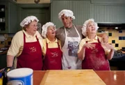 August 26th 2010, Rockland Maine.  (L-R Anne Mannheim, Alice Taylor, Mike Rowe, and Janet LaPosta.           Mike Rowe vistis the Berry Manor Inn located in Rockalnd Maine,  Mike and Dirty jobs came to the Berry Manor's Kitchen to bake blueberry pies and visit with "The Pie Ladies"