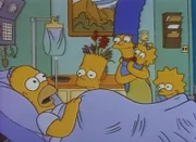 Homer wird von Bart, Marge, Maggie und Lisa im Krankenhaus besucht.