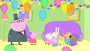 v.li.: Daddy Pig, Peppa Pig, Suzy Sheep, George Pig, Rebecca Rabbit, Pedro Pony, Candy Cat, Danny Dog