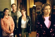 Zu ihrem Entsetzen muss Phoebe (Alyssa Milano, r.) entdecken, dass Cole Mitglied einer dämonischen Bruderschaft ist. Piper (Holly Marie Combs, l.), Leo (Brian Krause, 2.v.l.) und Prue (Shannen Doherty, 2.v.r.) sind erschüttert ...