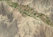 CARAL, PERU - 27. FEB. 2020:  Maxar-Übersichtssatellitenbilder von Caral, Peru - einer archäologischen Stätte mit den Überresten einer antiken Stadt.  Bitte verwenden: Satellitenbild (c) 2020 Maxar Technologies.