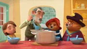 v.li.: Judy Brown, Mr. Curry, Paddington, Tante Lucy