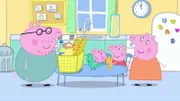 v.li.: Daddy Pig, Mr. Dinosaur, George Pig, Teddy, Peppa Pig, Mummy Pig