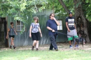 Lizzy, Joe, Lori, Spartie and Loretta enter dog park for the first meet and greet.