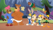 v.li.: Mama Bear, Junior Bear, Bugs Bunny, Papa Bear, Porky Pig, Lola Bunny, Tweety, Daffy Duck.
