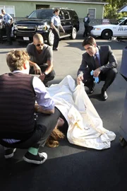 L - R: Dr. Spencer Reid (Matthew Gray Gubler), Derek Morgan (Shemar Moore), Aaron Hotchner (Thomas Gibson)
