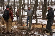 Matt Raney (backpack), Herbie Junior Russell, Florence Russell, Herb Senior Russell and Marty Raney in the forest , Marty sets the Russell a Wood Challenge near the Russell Family Homestead in Bedford, Pennsylvania.