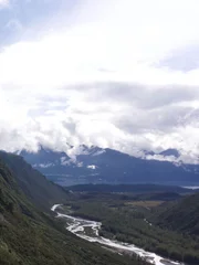 Drone shot of the creek going out into the Valdez Bay.