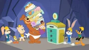 v.li.: Lola Bunny, Tweety, Porky Pig, Junior Bear, Bugs Bunny, Daffy Duck