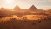 Ein computergeneriertes Bild zeigt die Verlorene Stadt der Pyramidenbauer mit den Großen Pyramiden im Hintergrund auf dem Gizeh-Plateau, Kairo, Ägypten. (Windfall Films)