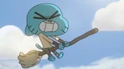 Gumball versucht den  Hexenbesen zu stoppen.