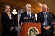 LAW & ORDER -- "Last Dance" Episode 23005 -- Pictured: (l-r) Camryn Manheim as Lt. Kate Dixon, Sam Waterston as DA Jack McCoy, Bruce Altman as Mayor Payne -- (Photo by: Virginia Sherwood/NBC)