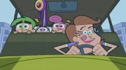 L-R: Cosmo, Poof, Squiggles, Wanda, Timmy als Mrs. Turner