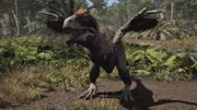 Ein Velociraptor mit weit ausgebreiteten Armen.