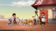 L-R: Rocky, Ryder, Marshall, Rubble, Skye, Zuma, Mr. Wingnut, Chase, Mrs. Wingnut