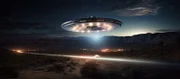 Nächtliche Überwachungsaufnahme eines unidentifizierten Flugobjekts (UFO) in Area 51, mit außerirdischen Beweisen und FBI-Untersuchungen.